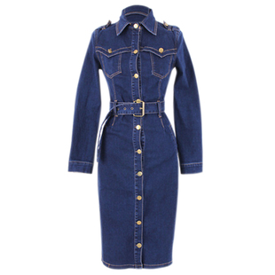 修身显瘦牛仔连衣裙长袖女2025春秋新款收腰包臀长款单排扣牛仔裙