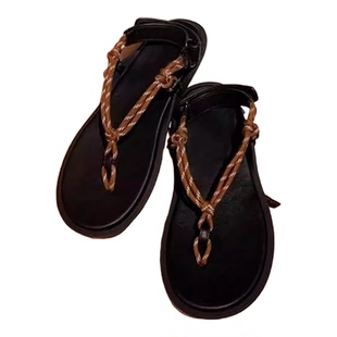 羊皮版~夹趾平底罗马凉鞋女魔术贴麻绳休闲一字带度假沙滩人字拖