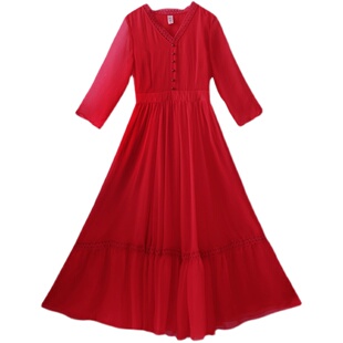 现货【风淡花浓】惊艳红色连衣裙女夏季新款雪纺长裙显瘦裙子仙