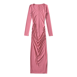 YoungGirlDay 纯欲性感U领修身显瘦褶皱长袖后开叉包臀连衣裙长裙