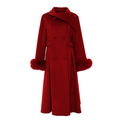 DPLAY2025年冬季新款红色双面呢大衣纽扣100绵羊毛毛呢外套女