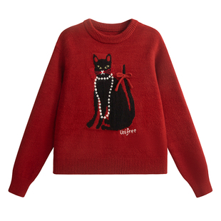 UNIFREE红色动物提花毛衣女韩系洋气新款加厚冬季复古好看针织衫