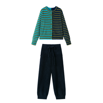 AR双色条纹半边绒开衫家居服可外穿睡衣冬季休闲套装almondrocks