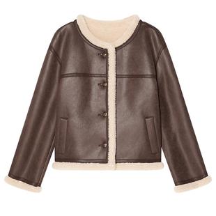 Goodland美地女装冬季时尚美拉德短款圆领环保羊毛皮草外套