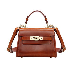 HALF WORK 意大利植鞣头层牛皮凯莉包女真皮复古斜挎包手工铂金包