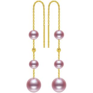 海蒂珠宝 紫珊 圆珠强光淡水紫色珍珠耳环18K金流苏耳线耳饰正品