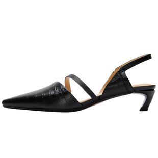 AJOY SAHU/艾珈莎琥鳄鱼纹牛皮小猫跟鞋包头凉鞋单鞋真皮职业女鞋