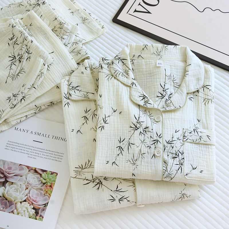 女士睡衣家居服纯棉套装全棉长袖长绉布竹叶女长套