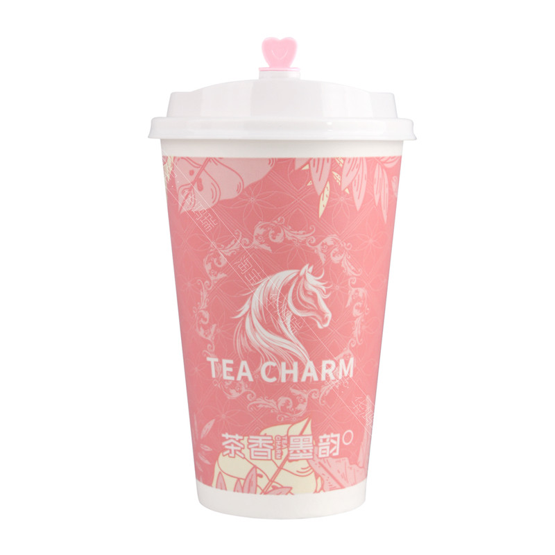 粉色双淋膜奶茶纸杯子带盖商用