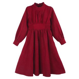 女童秋冬连衣裙2024新款中大童收腰显瘦公主裙女孩洋气红色长裙子