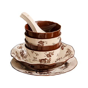 漫时光法式花野玫瑰陶瓷碗家用精致饭碗汤碗高级感菜盘子餐具套装