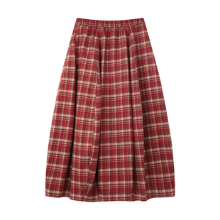 BLUEerror 圣诞红格子花苞裙毛呢半身裙女格纹长款保暖裙子冬季