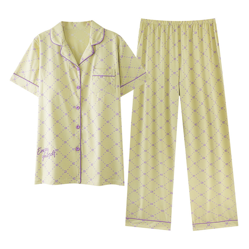 【莱卡棉】睡衣女夏季纯棉短袖长裤开衫夏天凉感带胸垫家居服套装