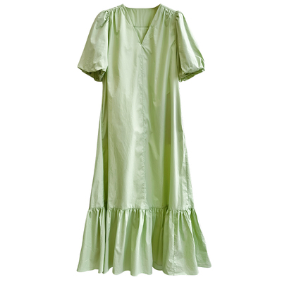 GOLDENBARRY|301269极简V领泡泡袖荷叶边连衣裙