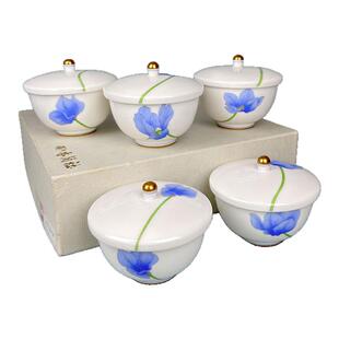 香兰社蓝色鸢尾花盖杯陶瓷茶杯五花整套盖碗日本进口5杯品茗杯