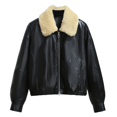 咖色羊羔毛翻领pu皮衣羽绒外套女