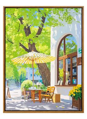 春日街角书店咖啡店数字油画diy