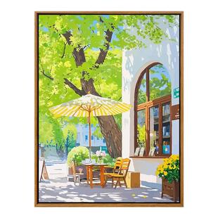 春日街角书店咖啡店数字油画diy填充填色手绘丙烯画客厅装饰挂画