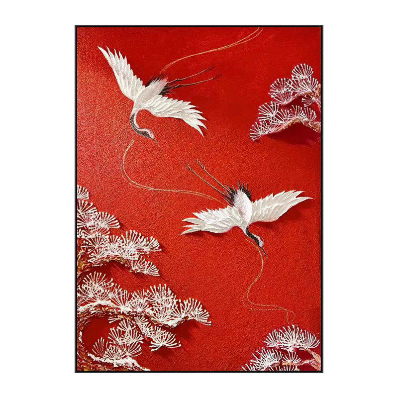 新中式仙鹤手绘油画玄关肌理挂画
