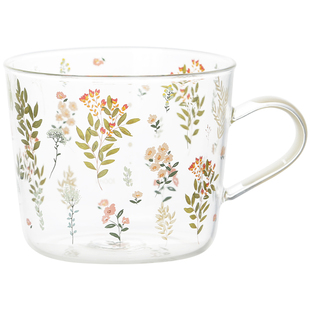 蓝莲花玻璃早餐杯耐高温食品级高硼硅水杯可加热高颜值带把手杯子