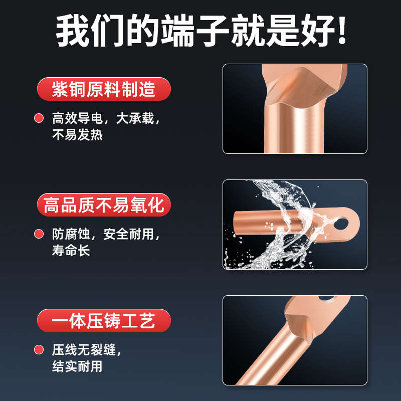 DT国标紫铜线鼻子接线端子电线电缆接头铜线耳16/25/35/50/70平方