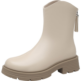 大东女靴2025冬季新款圆头时装靴粗跟中筒靴车缝线通勤百搭短筒靴