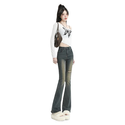 KRO高腰破洞喇叭裤显瘦