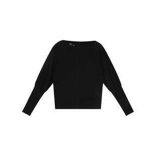 oneup美利奴羊毛羊腿袖一字肩长袖t恤女春季垂顺透气慵懒黑色上衣