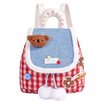 米菲格纹双肩包2025年新款可爱毛绒手提包卡通甜美少女小背包书包