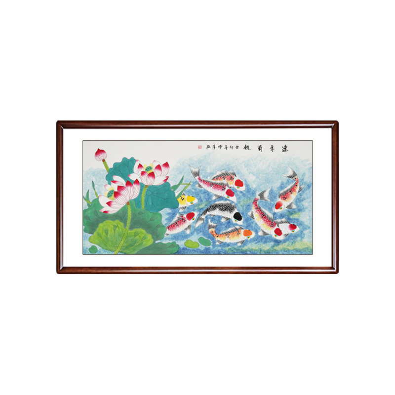 连年有余国画山水画客厅装饰画挂画纯手绘真迹中式带框招财风水画