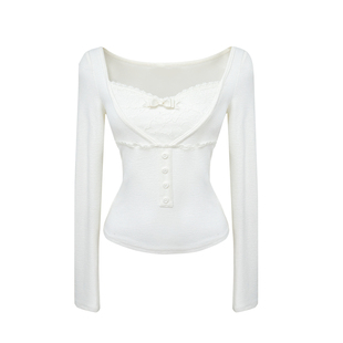 Lazy Didi摩卡旋律 假两件蕾丝拼色拉绒打底秋冬长袖修身t恤上衣