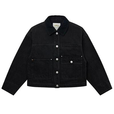 Hazzys哈吉斯牛仔夹克女春季时尚潮流宽松复古灯芯绒拼接翻领外套