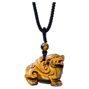 天然黄虎眼石貔貅吊坠男女生钥匙扣挂件项链坠木化石虎睛石