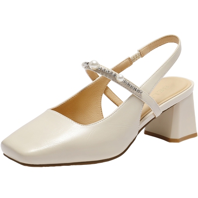 百丽女鞋包头后空凉鞋夏季新款一字带粗跟玛丽珍单鞋子D8D1DBH5预