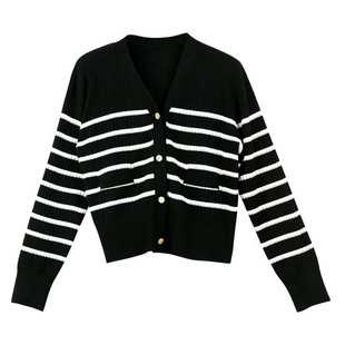 HONRN/红人长袖v领黑白条纹羊毛毛衣针织衫开衫外套上衣女春夏款