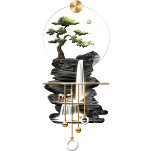 流水生财玄关装饰画轻奢迎客松玄关挂画电视背景墙发光壁灯画感应