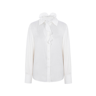 XG雪歌2026春荷叶边双层领白衬衫女通勤宽松长袖衬衣XM221504A851