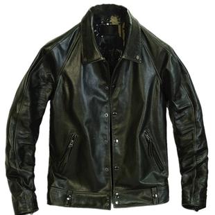 臻藏暗绿油蜡头层牛皮黑影复古咔叽男真皮衣夹克