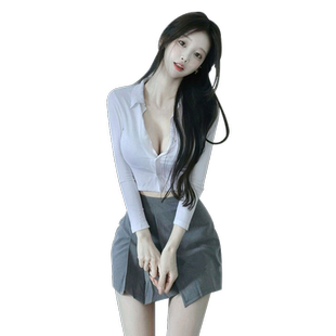 纯欲辣妹修身长袖t恤性感超低V领显胸大短款上衣白开衫绝美独特女