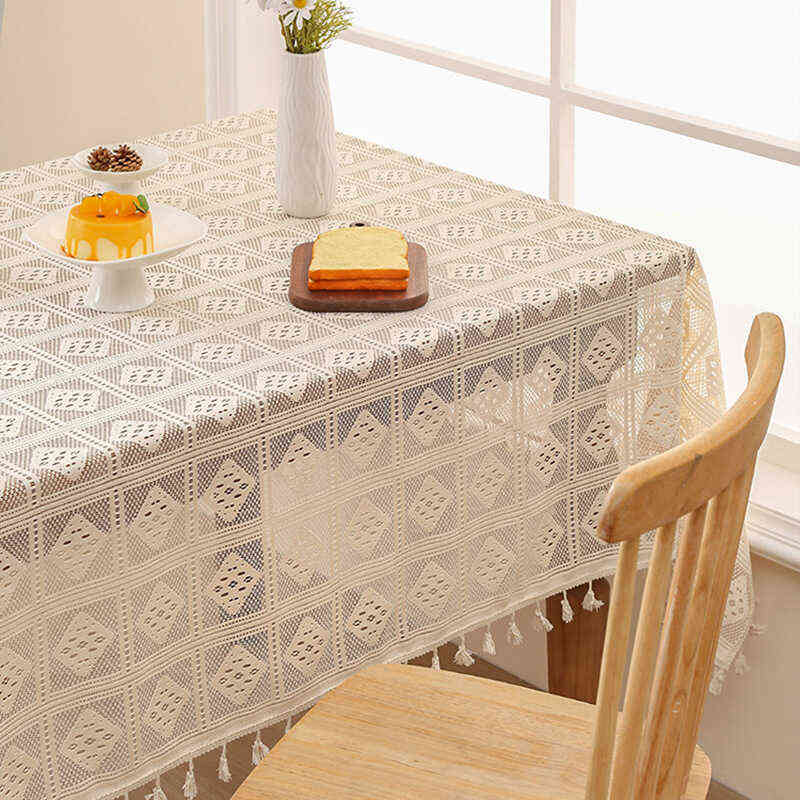 田园涤棉镂空钩花餐桌布米色茶几布流苏台布床头柜边柜电视柜盖巾