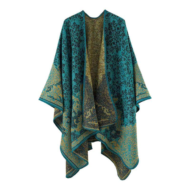 复古孔雀蓝色旅游披肩女外搭2025新款高级感民族风披风斗篷围巾
