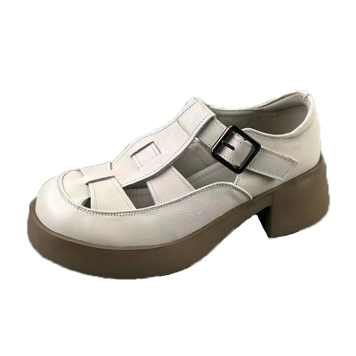 牛皮罗马凉鞋女2024年夏季新款真皮圆头粗跟镂空透气猪笼包头女鞋