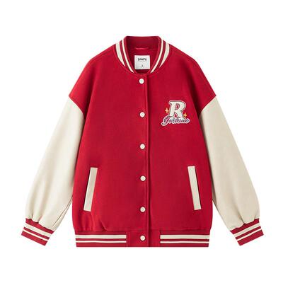 三福加厚外套2026新款春季宽松字母毛巾绣拼皮袖棒球服女装516188