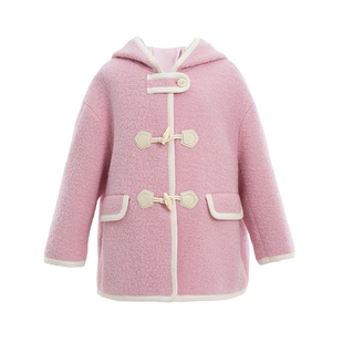 [樱花粉学院]EP雅莹童装2025秋冬女童新款牛角扣连帽呢大衣外套