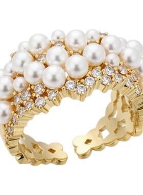 FataViam新款925银宽版珍珠锆石小众高级感轻奢开口食指戒指女