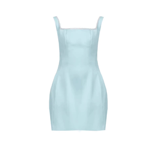 王心凌同款蓝色方领吊带背心连衣裙女夏季收腰显瘦气质a字短裙子