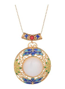 网红汉服中国风配饰复古法镀金冷珐琅工艺镶嵌仿和田玉挂件项链女