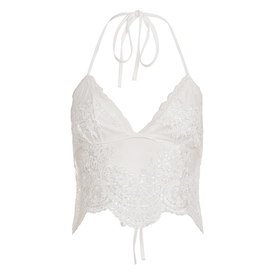 WEEKEEP 纯欲性感V领蕾丝拼接网纱透视挂脖吊带修身露背系带背心