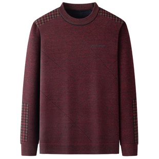 爸爸本命年红色衣服冬季加绒加厚中老年男士圆领保暖毛衣中年男装