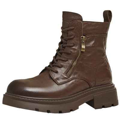 天美意复古厚底英伦马丁靴女加绒休闲短靴皮靴2025冬新款KDX27DD5